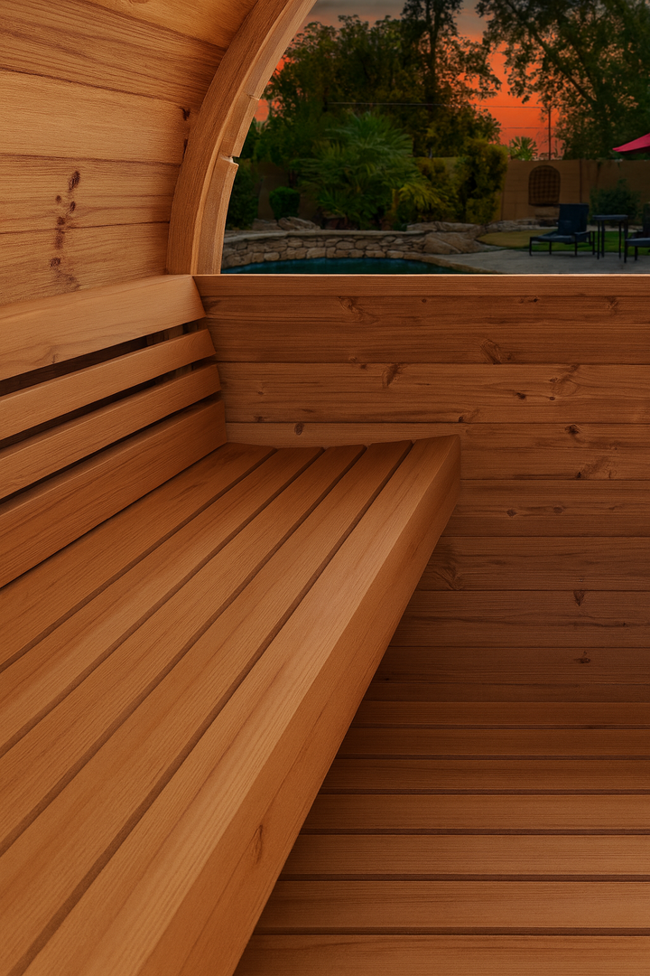 Interior bench seating of SaunaLife E6W ERGO Series barrel sauna with wooden slats and outdoor view