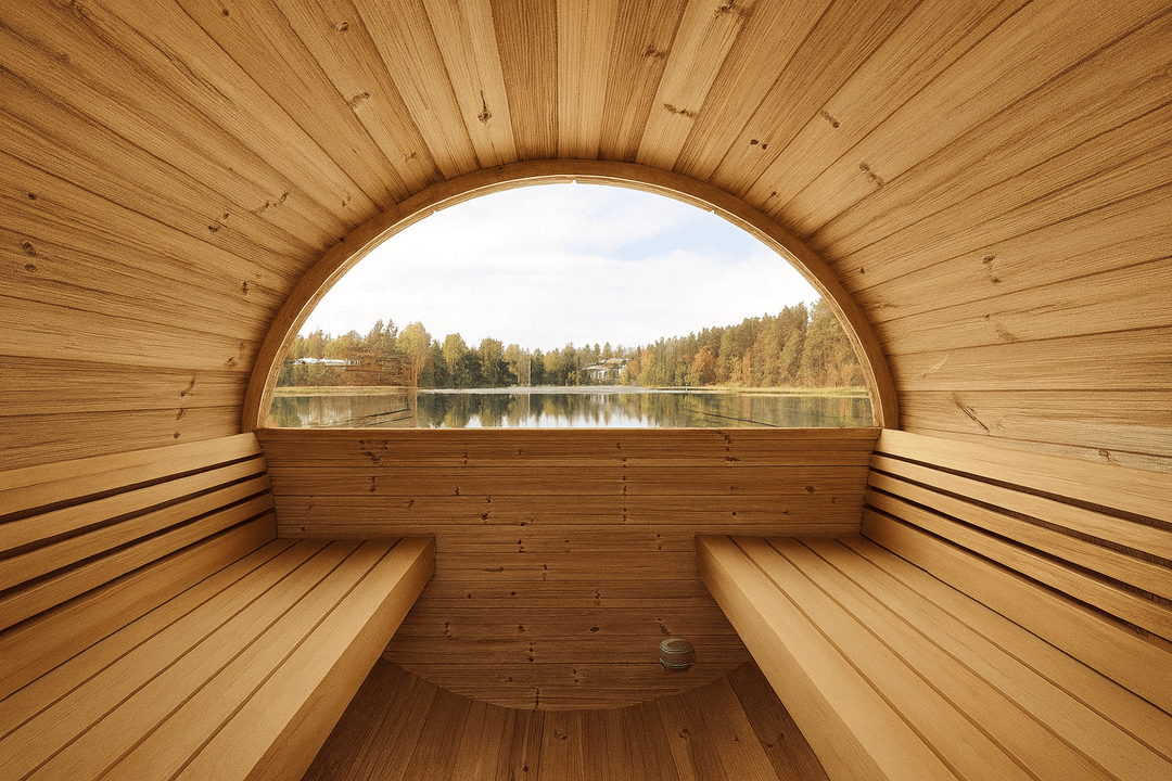 Interior view of SaunaLife E6W ERGO Series barrel sauna with wooden benches and scenic lake view