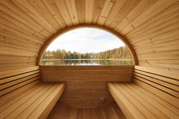 Interior view of SaunaLife E6W ERGO Series barrel sauna with wooden benches and scenic lake view
