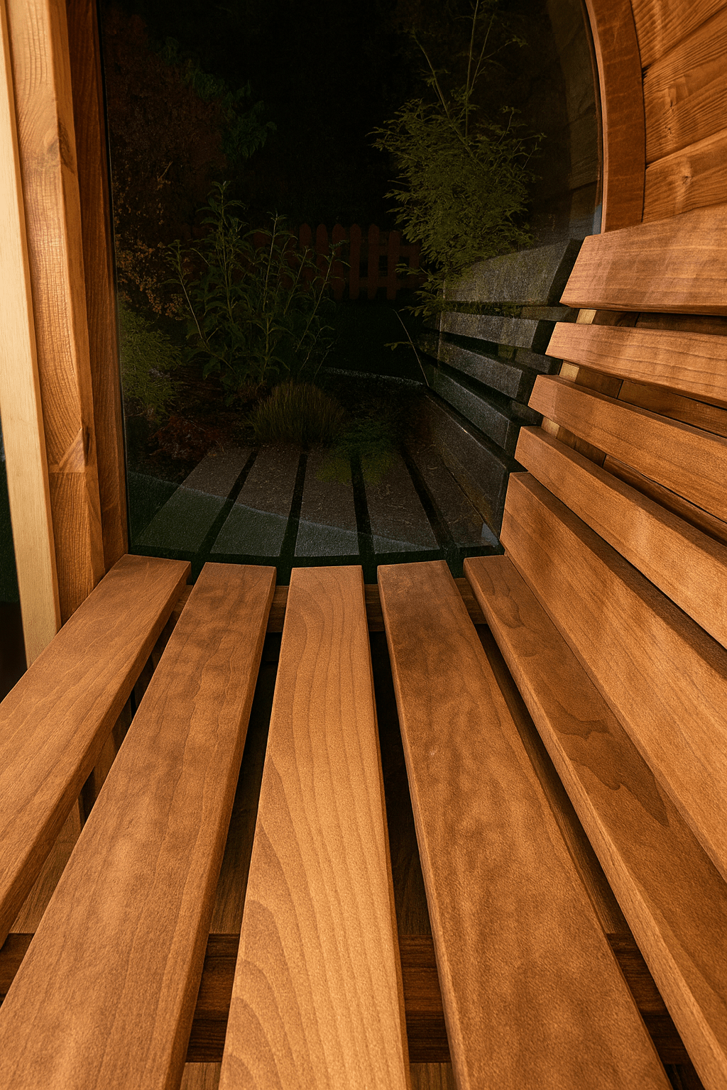 Inner view of SaunaLife E7G ERGO Series barrel sauna showcasing wooden benches and cozy design