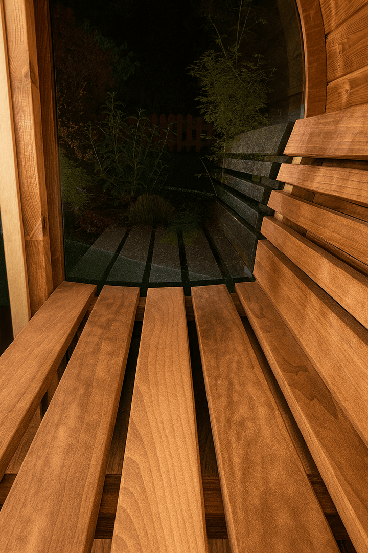 Inner view of SaunaLife E7G ERGO Series barrel sauna showcasing wooden benches and cozy design