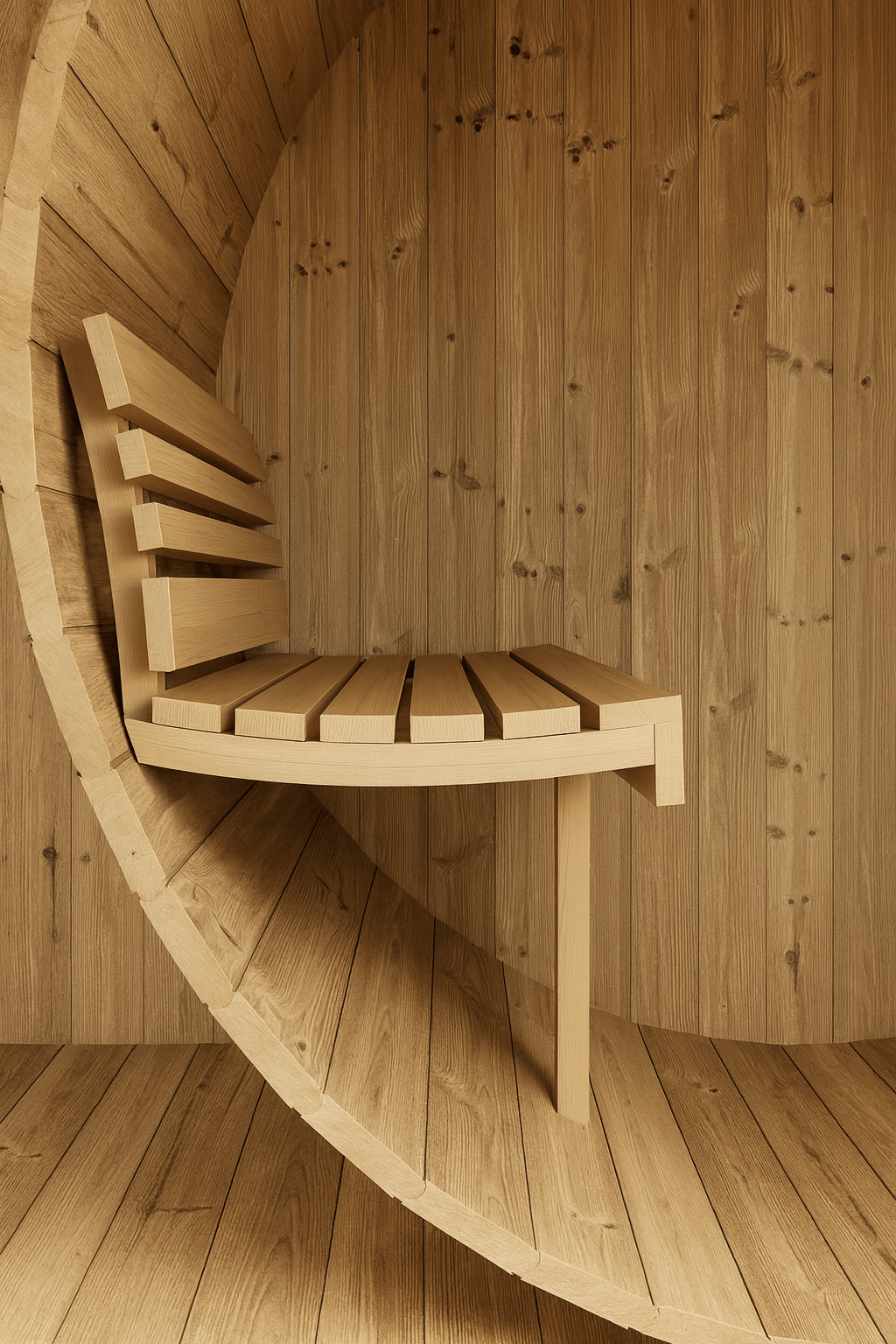 Interior view of SaunaLife E7G ERGO Series barrel sauna featuring a wooden bench for relaxation