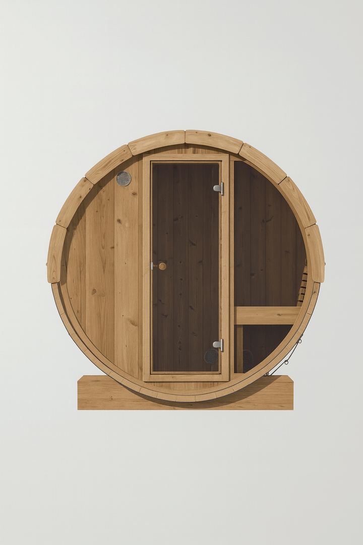 SaunaLife E7G ERGO Series barrel sauna featuring a wooden exterior and spacious interior layout