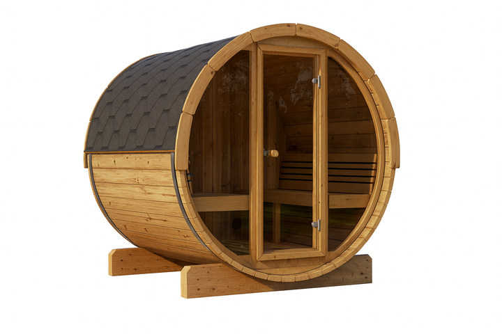 SaunaLife E7G ERGO Series barrel sauna with wooden frame and glass door featuring interior benches