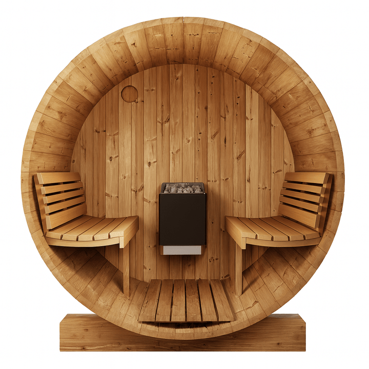 SaunaLife E7G ERGO Series barrel sauna interior with wooden seating and a heating unit
