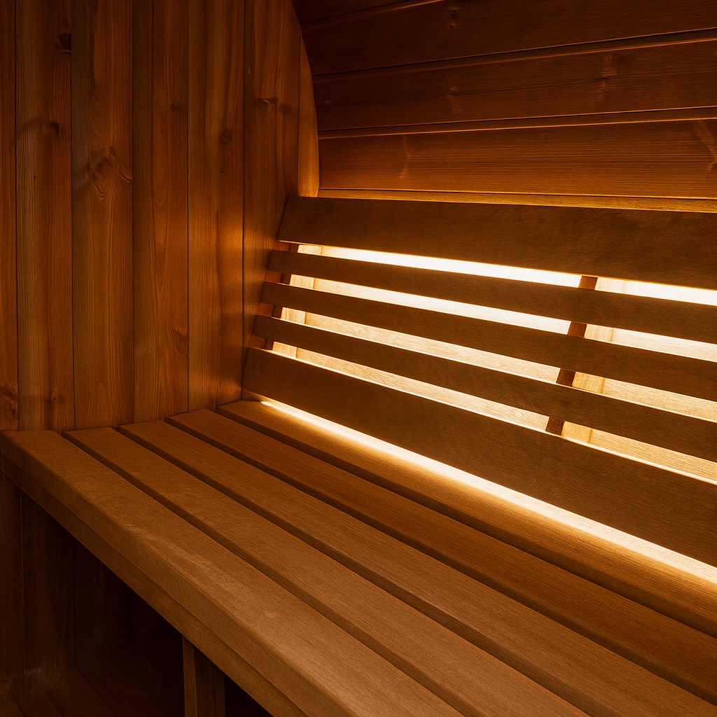 Interior bench seating of SaunaLife E7G ERGO Series barrel sauna made of smooth wood with backlit panel