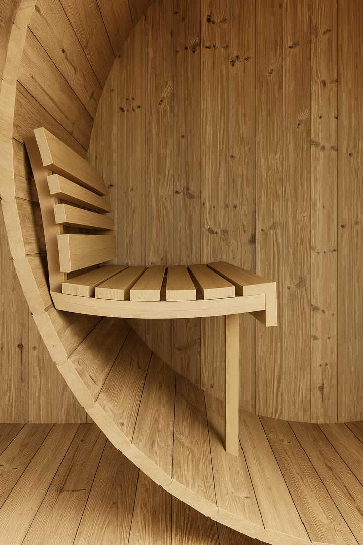 Interior view of SaunaLife E7G ERGO Series barrel sauna with wooden curved bench seating