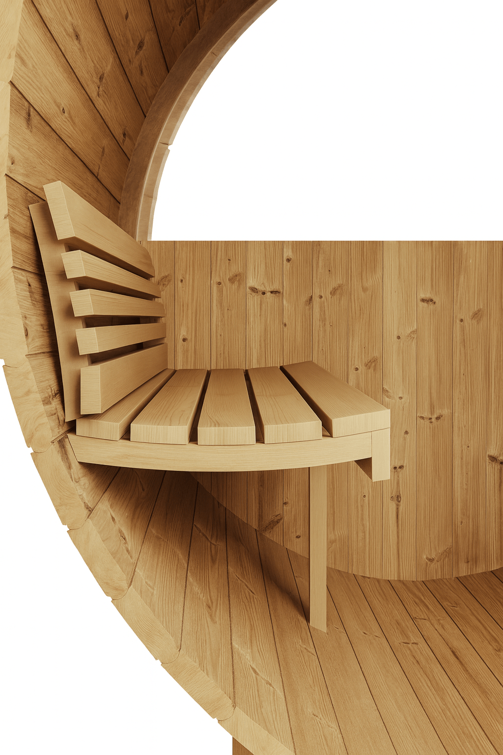 Interior view of SaunaLife E7W sauna barrel featuring a wooden bench for relaxation