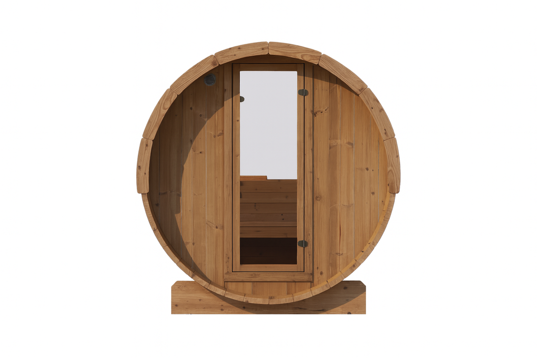 SaunaLife E7W sauna barrel made of natural wood with glass door and wooden bench inside