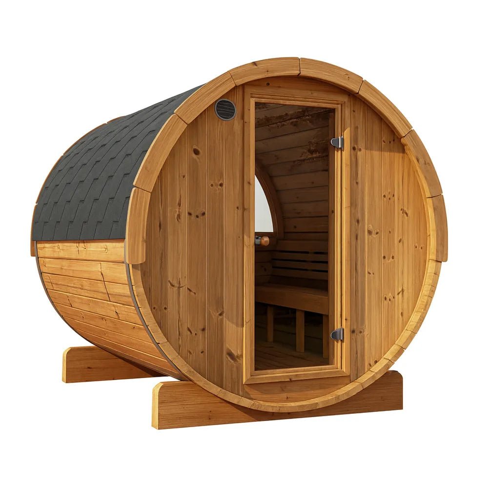 SaunaLife E7W sauna barrel made of natural wood with a welcoming door and rustic design