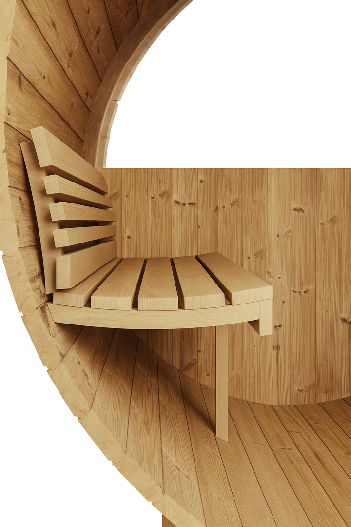 Interior view of SaunaLife E7W sauna barrel showing wooden bench and curved wall design