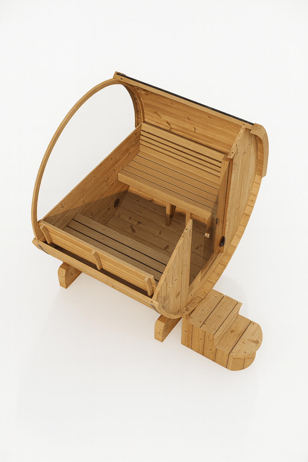 SaunaLife E7W sauna barrel made of natural wood featuring interior bench seating for relaxation