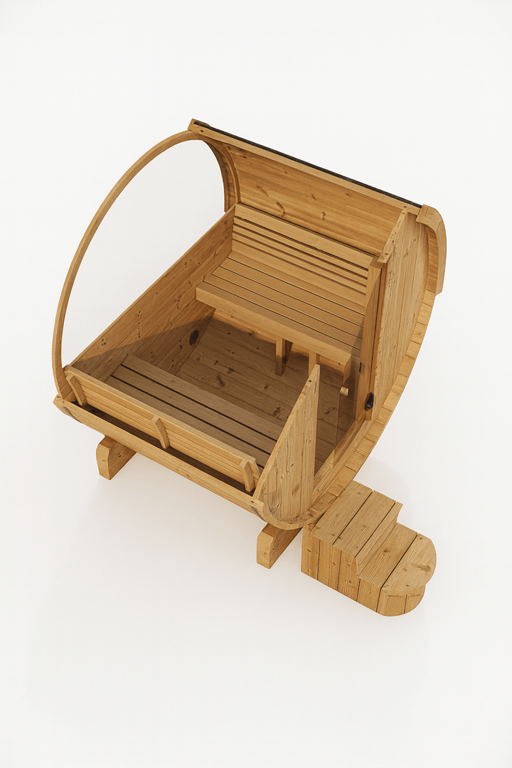 SaunaLife E7W sauna barrel made of natural wood featuring interior bench seating for relaxation