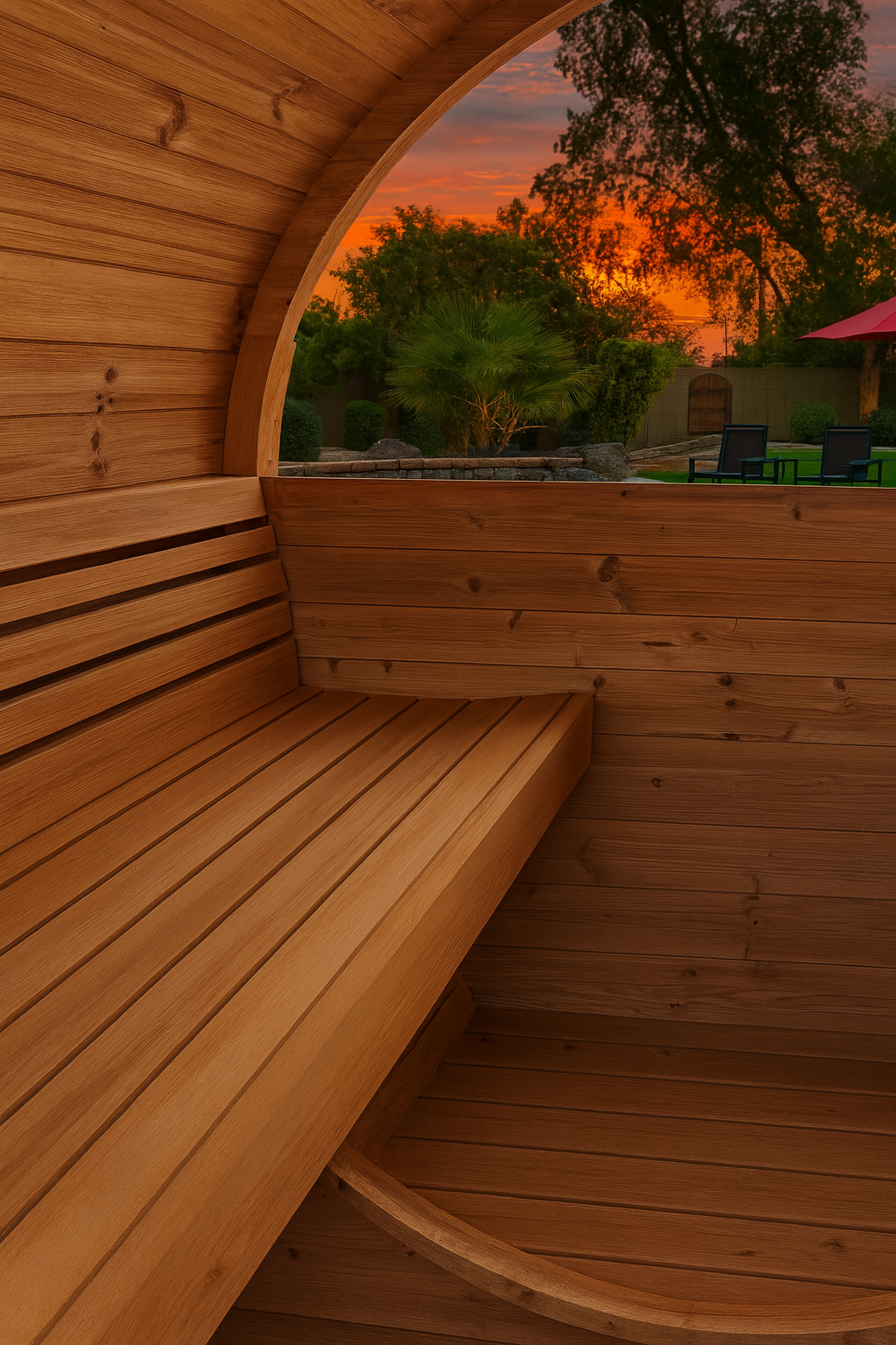 Interior wooden bench seating in SaunaLife E7W sauna barrel with sunset view outside