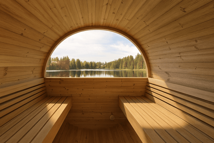 Interior view of SaunaLife E7W sauna barrel with wooden benches and serene lakeside scenery