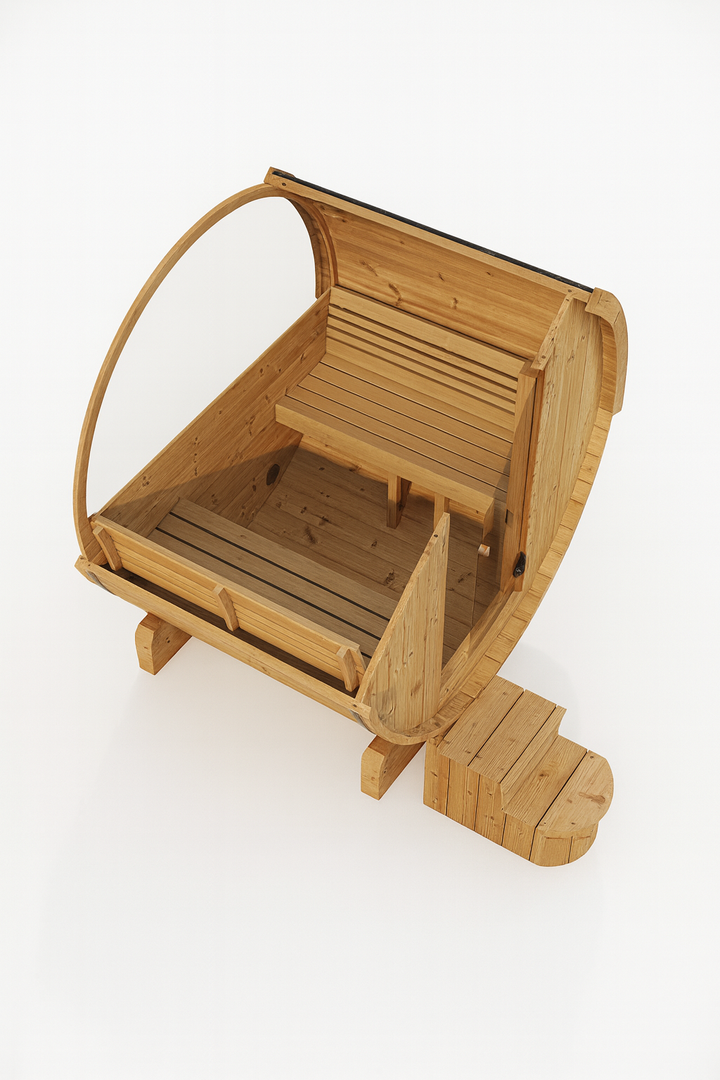 SaunaLife E7W sauna barrel wooden barrel sauna with bench and small staircase for outdoor use