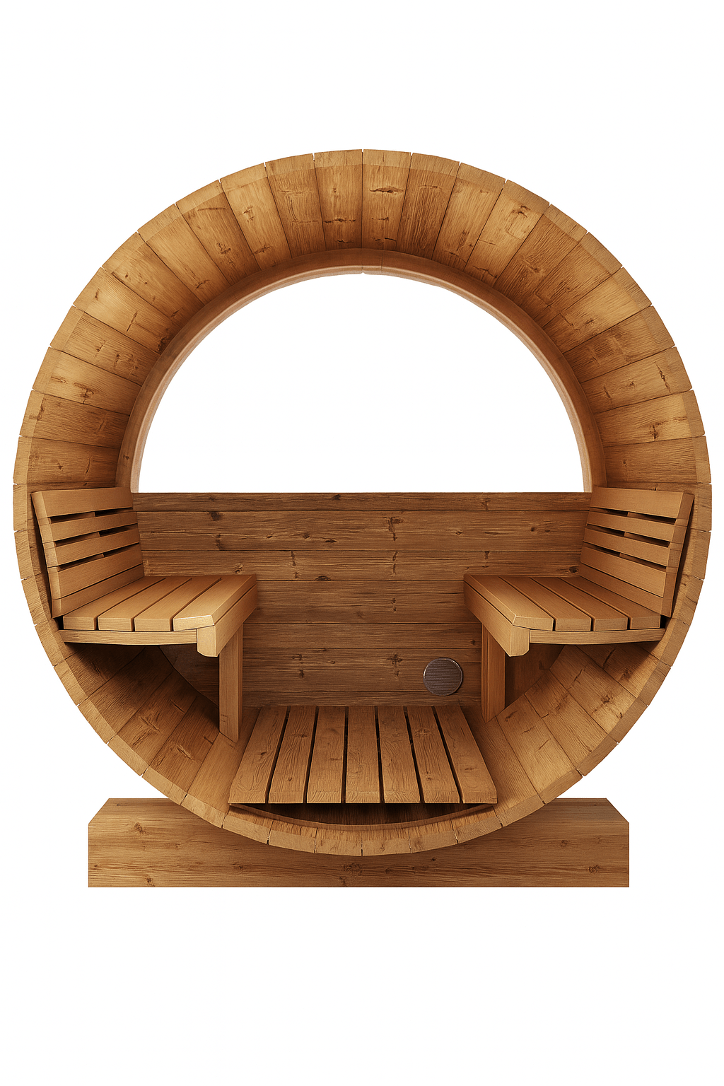 SaunaLife E7W sauna barrel featuring natural wood interior with two comfortable benches