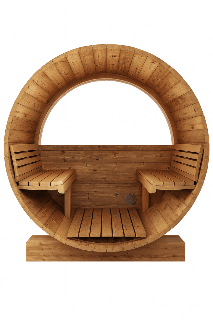 SaunaLife E7W sauna barrel featuring natural wood interior with two comfortable benches