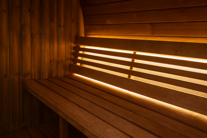 Interior wooden bench with warm lighting inside SaunaLife E7W sauna barrel for relaxing steam sessions