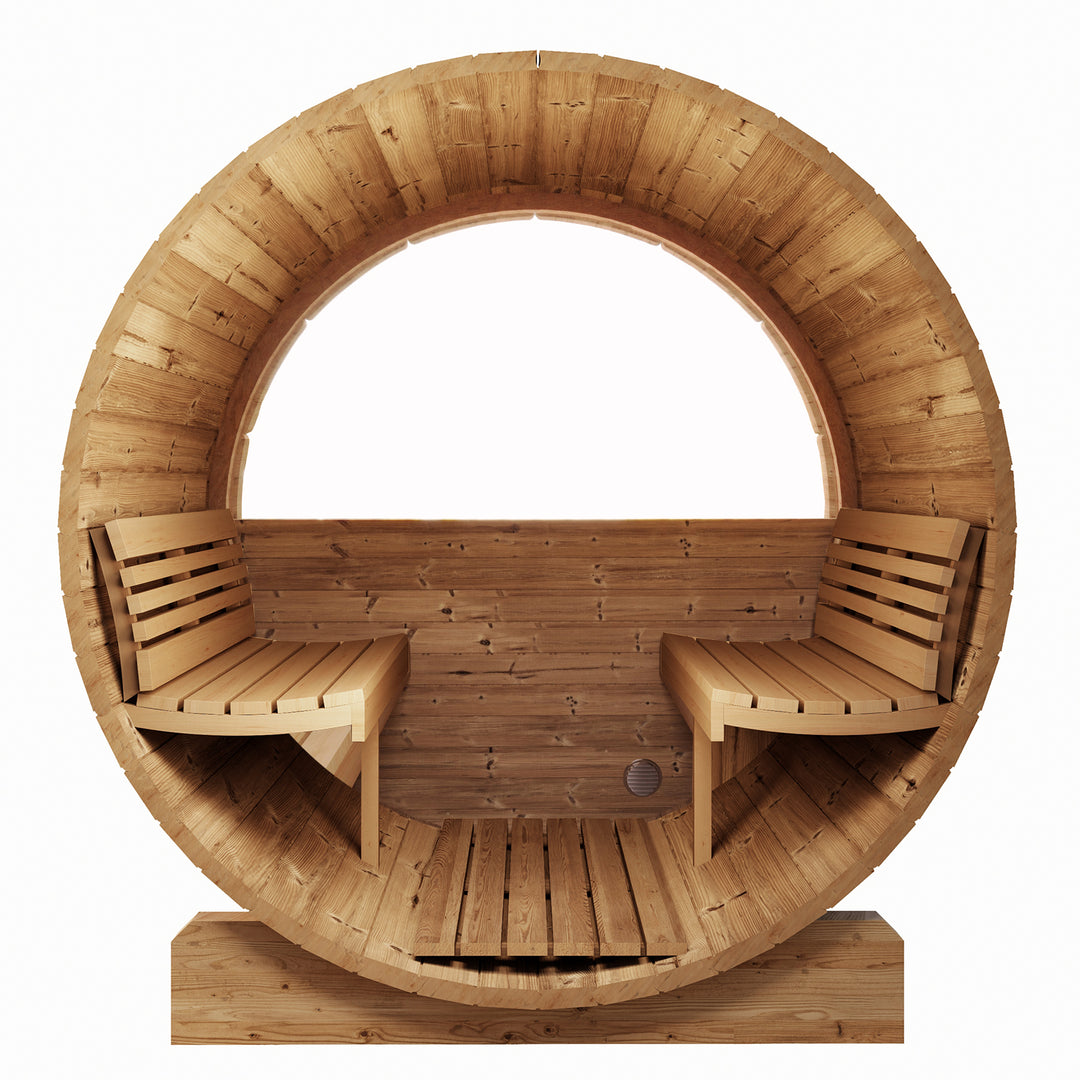 SaunaLife E8W sauna barrel review showing wooden barrel sauna with bench seating inside
