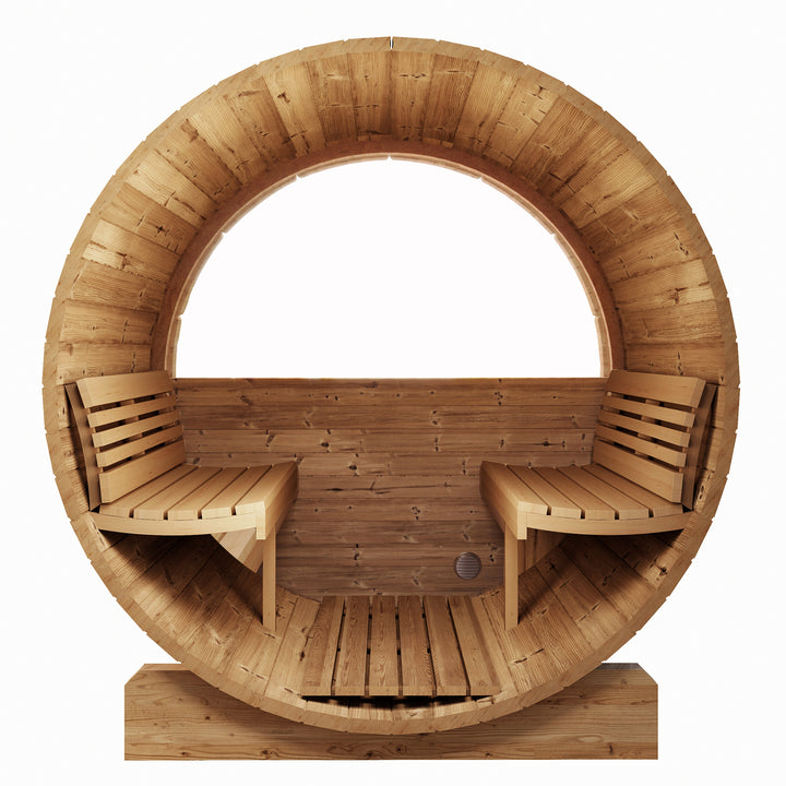 SaunaLife E8W sauna barrel review showing wooden barrel sauna with bench seating inside