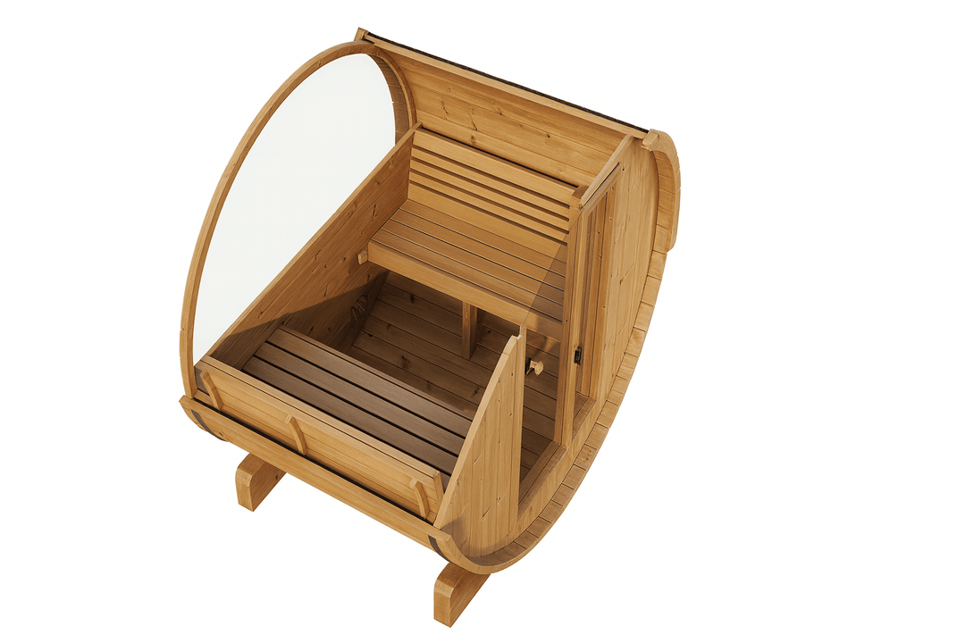 SaunaLife E8W sauna barrel review featuring a spacious wooden interior with benches and a glass door