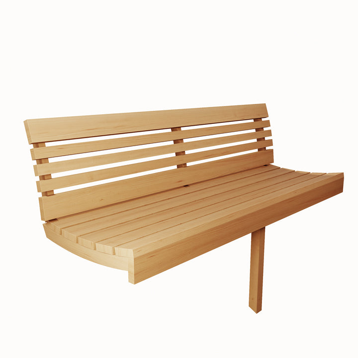 Wooden bench seat for SaunaLife E8W sauna barrel review with slatted back and natural finish