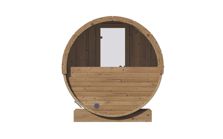 SaunaLife E8W sauna barrel review showing front view of wooden barrel sauna with glass door