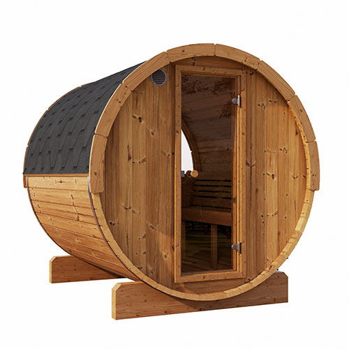 SaunaLife E8W sauna barrel review featuring wooden barrel sauna with glass door and shingle roof