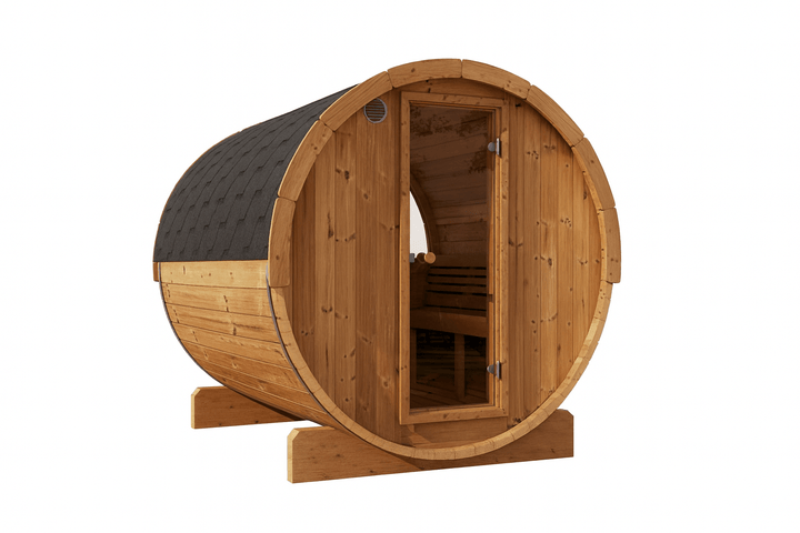 SaunaLife E8W sauna barrel review showcasing a stylish wooden sauna with a curved design and door
