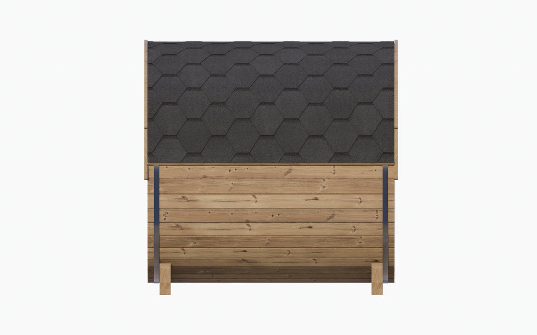 SaunaLife E8W sauna barrel review showing the front view of a wooden barrel sauna with black shingled roof
