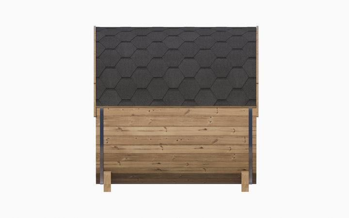 SaunaLife E8W sauna barrel review showing the front view of a wooden barrel sauna with black shingled roof