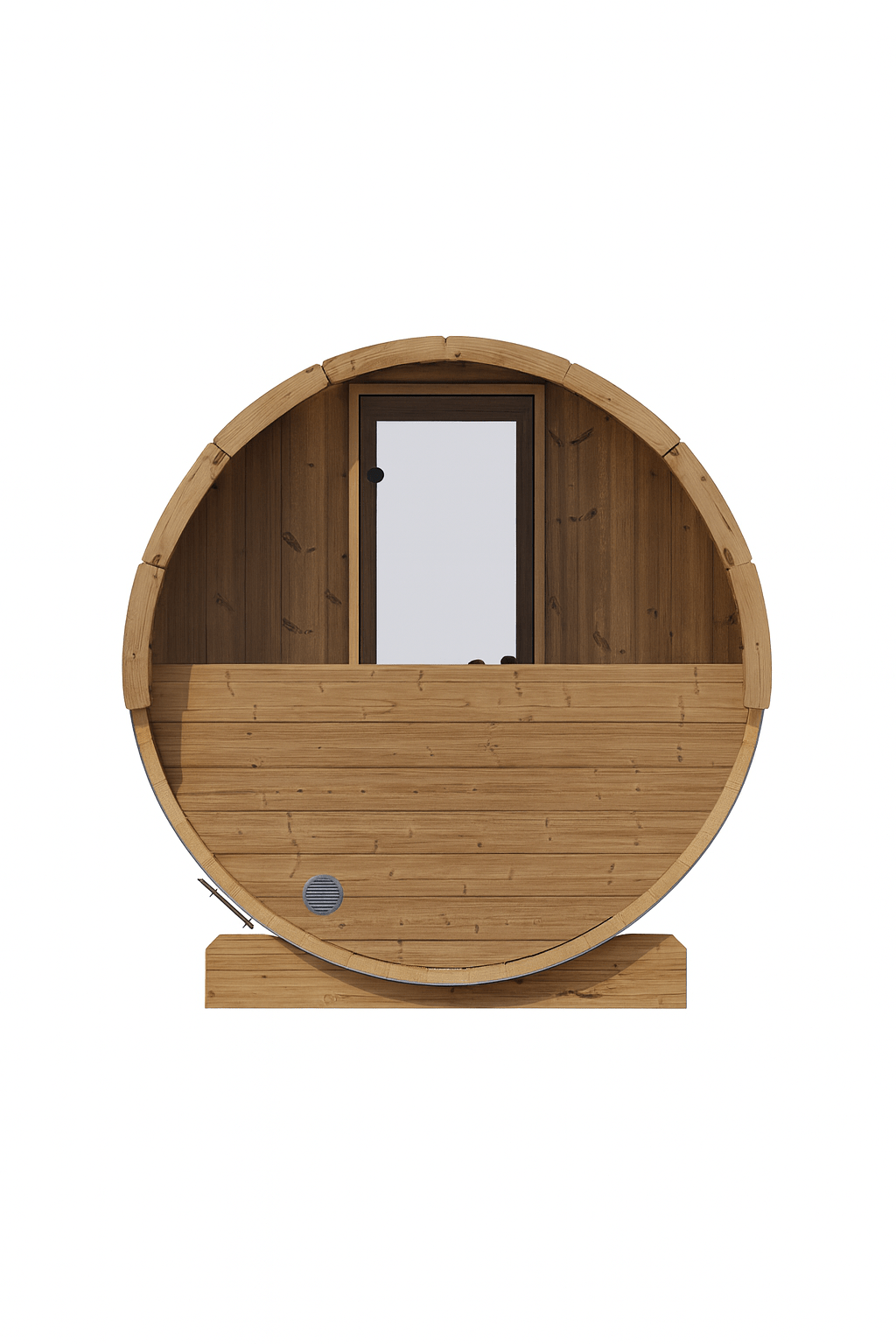 Front view of SaunaLife E8W sauna barrel showcasing its spacious design and wooden structure for outdoor relaxation