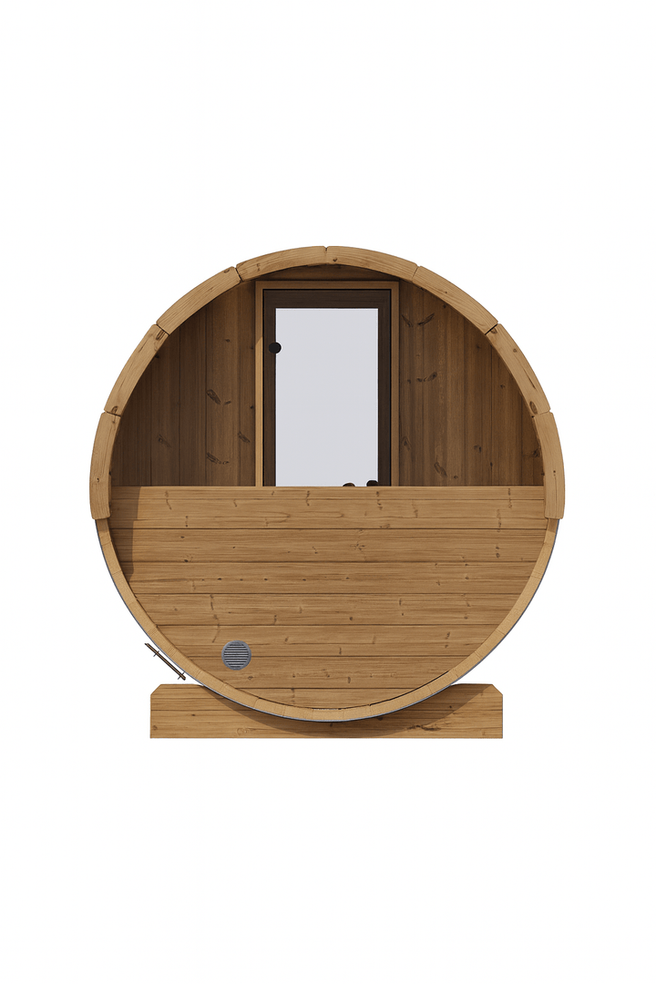 Front view of SaunaLife E8W sauna barrel showcasing its spacious design and wooden structure for outdoor relaxation