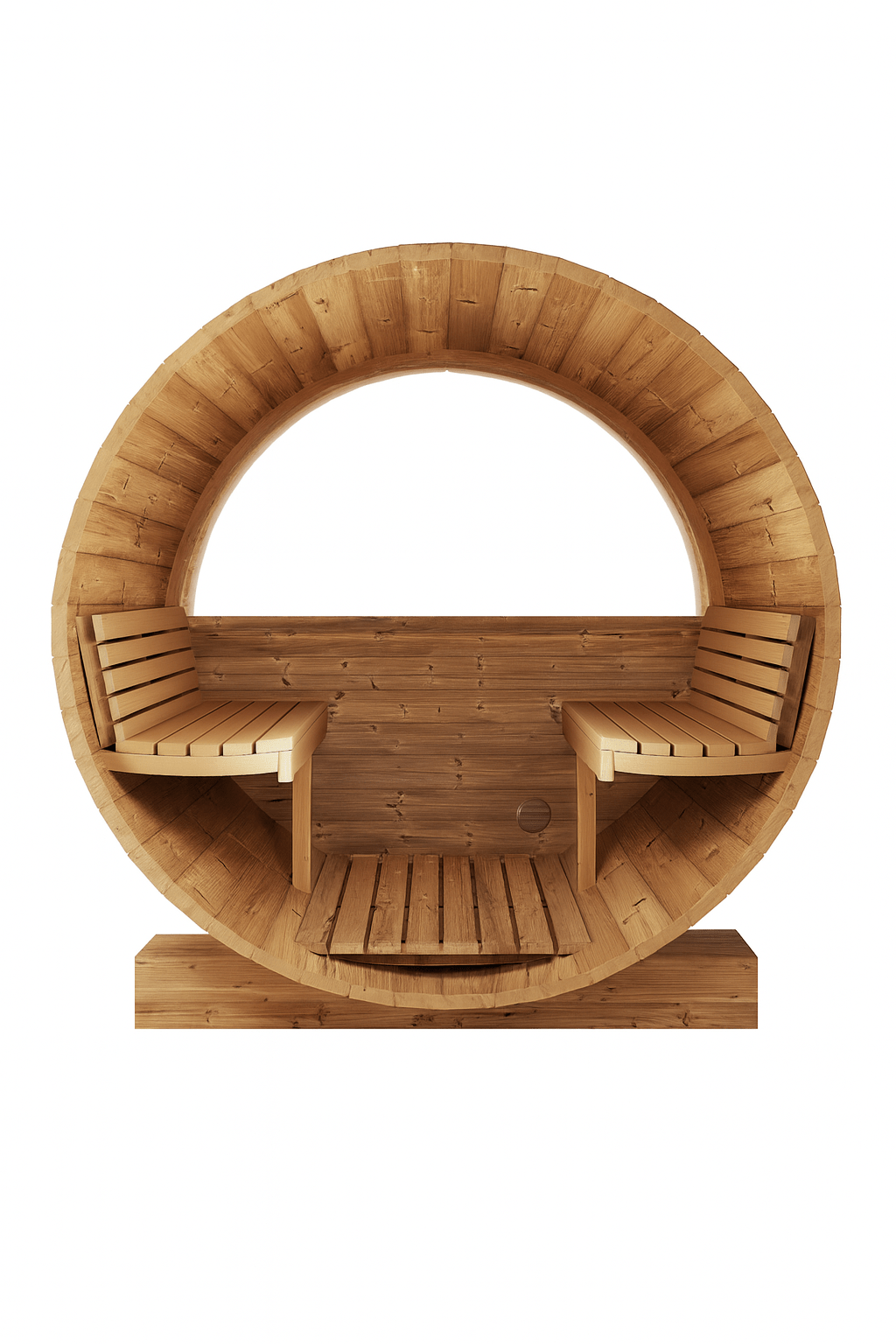 SaunaLife E8W sauna barrel review showcasing a wooden design with seating and a circular shape