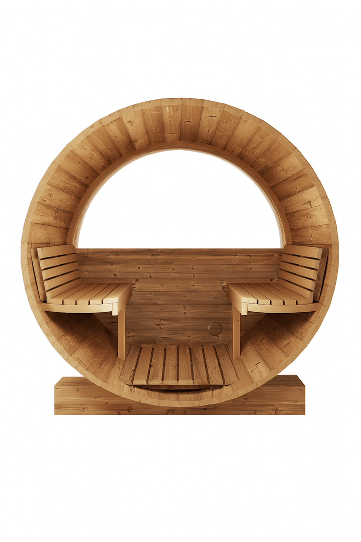 SaunaLife E8W sauna barrel review showcasing a wooden design with seating and a circular shape