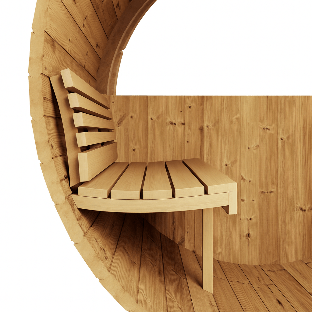 SaunaLife E8W sauna barrel review showcasing the spacious wooden interior with a bench