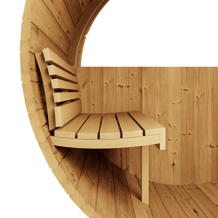 SaunaLife E8W sauna barrel review showcasing the spacious wooden interior with a bench