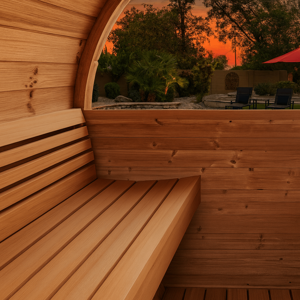 Inside view of SaunaLife E8W sauna barrel with wooden benches at sunset, SaunaLife E8W sauna barrel review