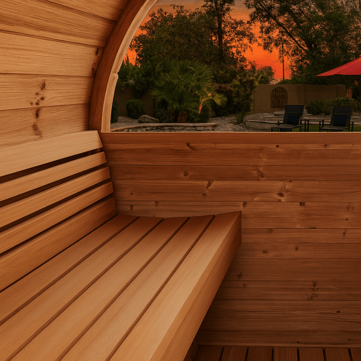 Inside view of SaunaLife E8W sauna barrel with wooden benches at sunset, SaunaLife E8W sauna barrel review