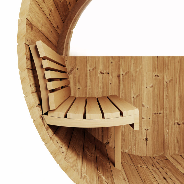 SaunaLife E8W sauna barrel review showing wooden interior bench in barrel sauna