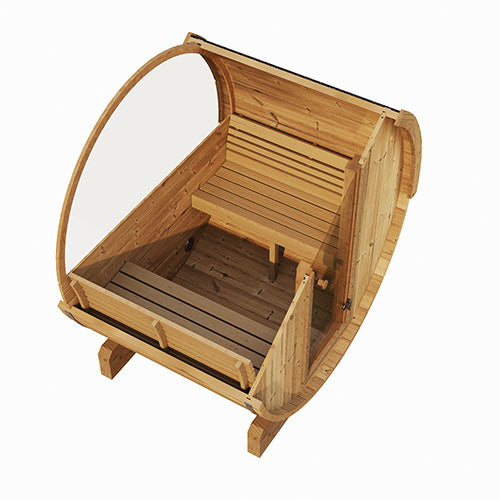 SaunaLife E8W sauna barrel interior with wooden benches in natural wood finish SaunaLife E8W sauna barrel review