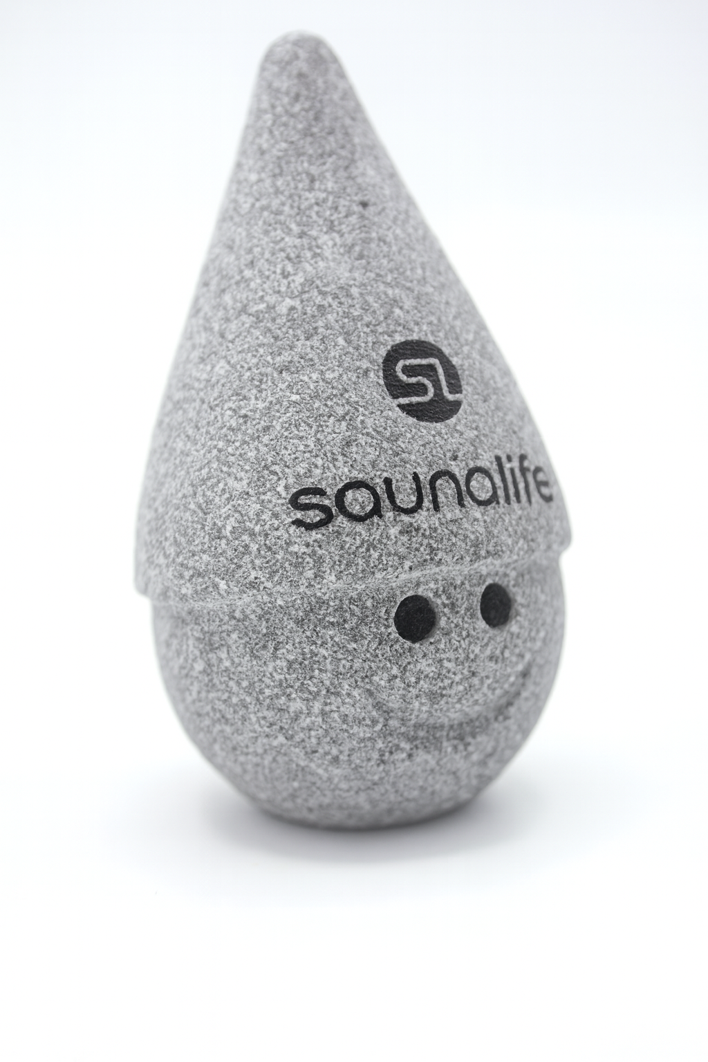 SaunaLife handcrafted soapstone gnome accessory with a smiling face and textured gray finish