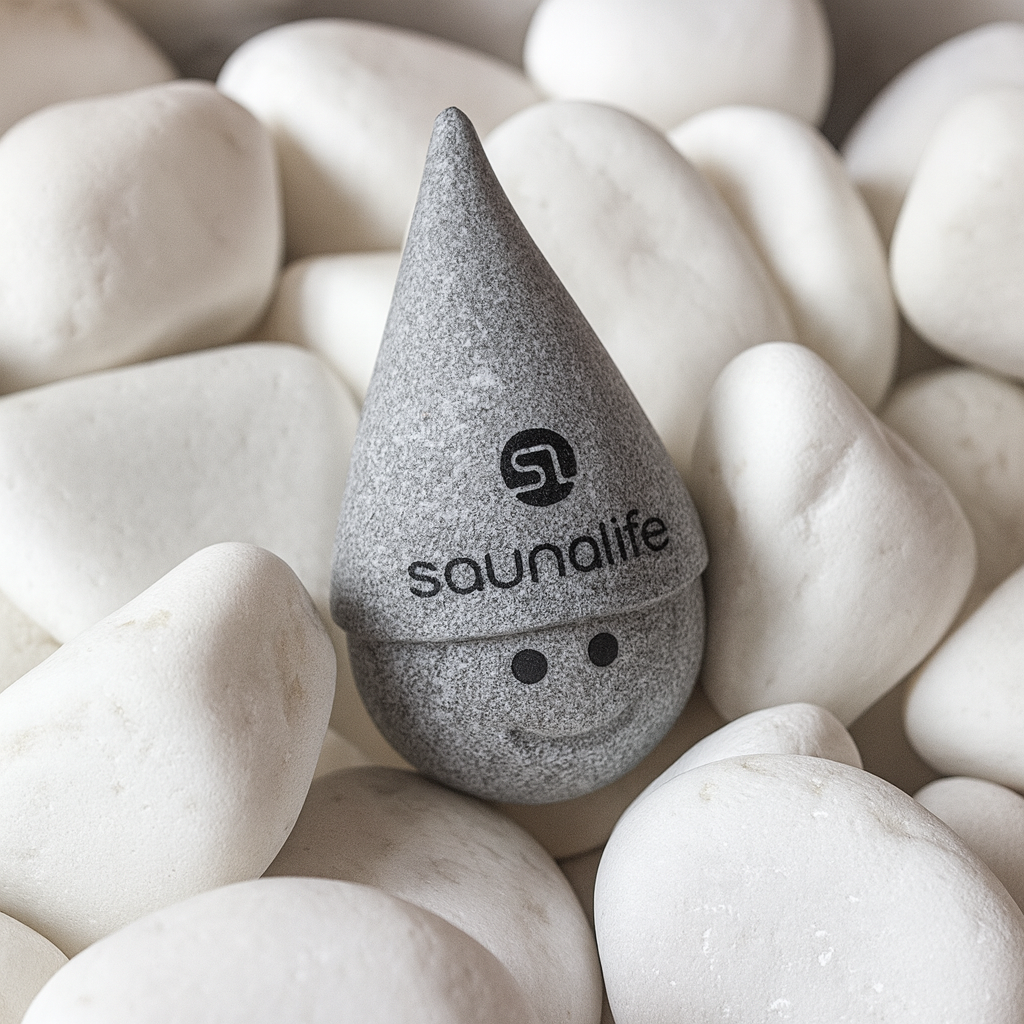 SaunaLife handcrafted soapstone gnome with a smile, surrounded by smooth white stones accessory