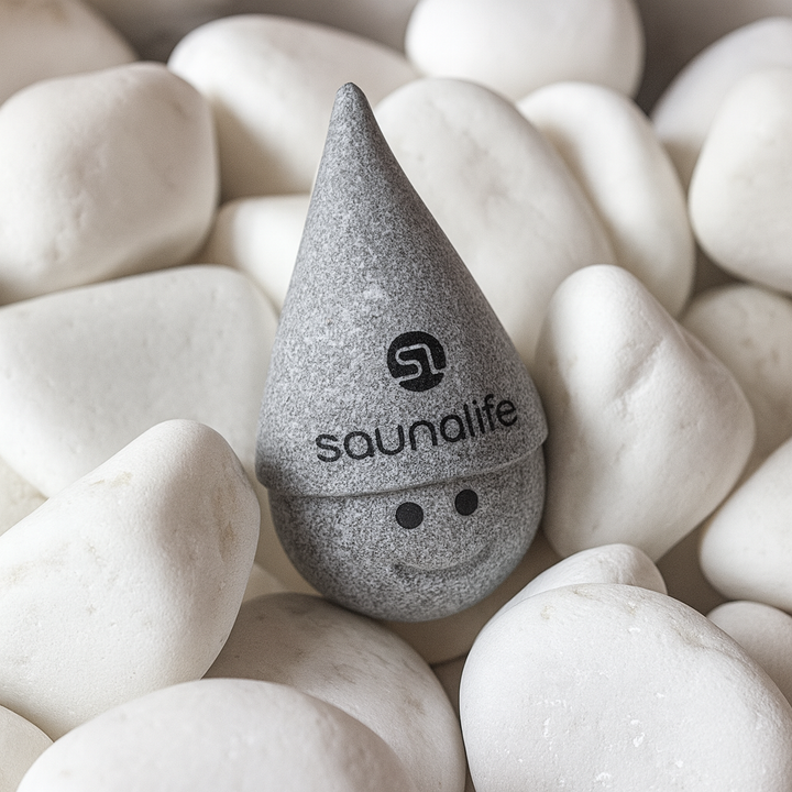 SaunaLife handcrafted soapstone gnome with a smile, surrounded by smooth white stones accessory