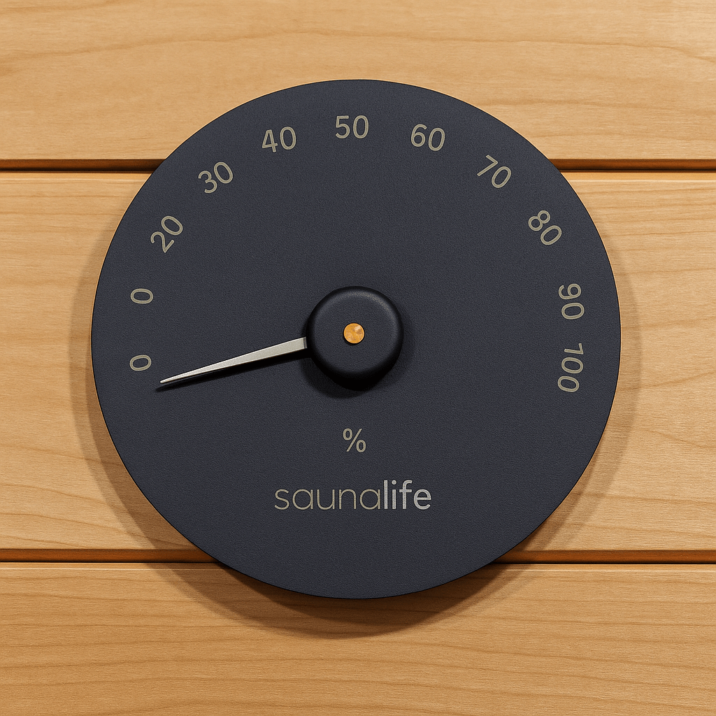 SaunaLife hygrometer for home spa displaying humidity levels in a sleek black design
