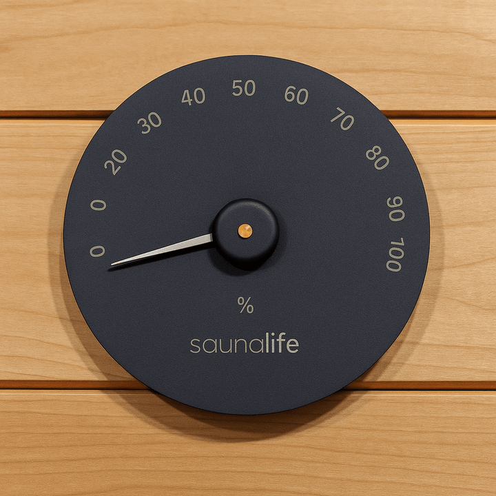 SaunaLife hygrometer for home spa displaying humidity levels in a sleek black design