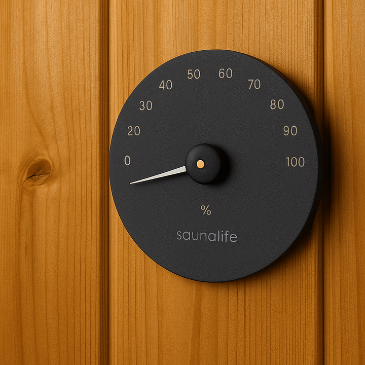 SaunaLife hygrometer for home spa mounted on wooden wall for accurate humidity measurement
