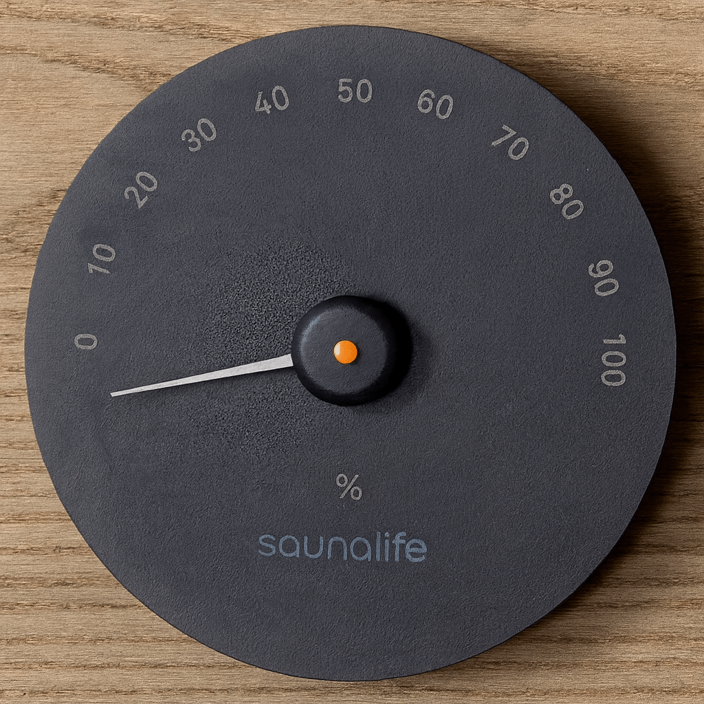 SaunaLife hygrometer for home spa displaying humidity levels on a sleek black design