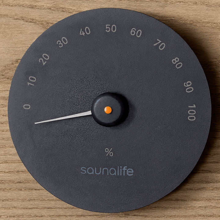 SaunaLife hygrometer for home spa displaying humidity levels on a sleek black design